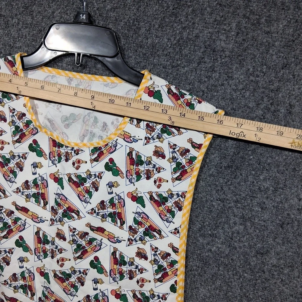 Vintage Food Pyramid Print Tabard Apron Yellow Gingham‎ Trim Smock Pockets Multi